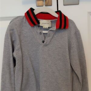 Gucci Gray Long Sleeve Polo with Red and Green Collar